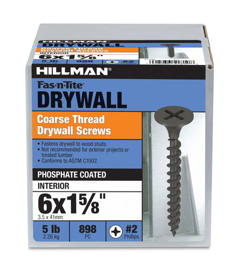 Heavy Duty 6X1-5/8 Inch Coarse Thread Drywall Screws With Phillips Drive And Bugle Head For Sheetrock To Wood Fastening in packaging.