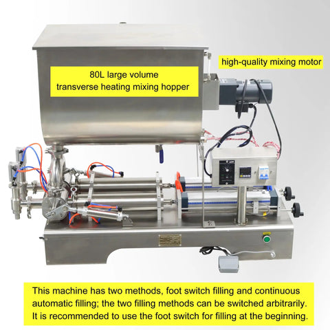 Heavy Duty Horizontal Pneumatic Paste Filling Machine Featuring Dual Nozzles And A Stainless Steel Heating Mixing Hopper with 80L capacity.