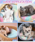 Self Heating Cat Bed 2 Pack Machine Washable Pet Mat Reversible Thermal Warm Round Dog Crate Pad Tie Dye in use with a puppy, cat, and Chihuahua.