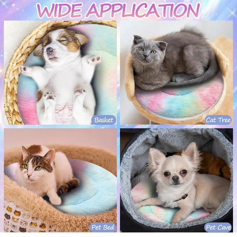 Self Heating Cat Bed 2 Pack Machine Washable Pet Mat Reversible Thermal Warm Round Dog Crate Pad Tie Dye in use with a puppy, cat, and Chihuahua.
