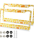 Hella Dope Yellow And Orange Cheese Design License Plate Frames 2 Pack with mounting hardware and rust resistant bolts.