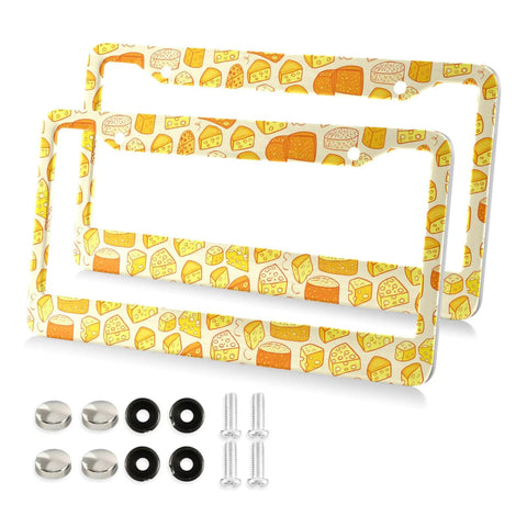 Hella Dope Yellow And Orange Cheese Design License Plate Frames 2 Pack with mounting hardware and rust resistant bolts.