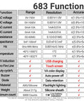 All In One Digital Multimeter With NCV Tester 6000 Counts specifics and functions chart