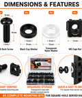 Complete 45 Sets M6 Rack Screws And Cage Nuts 180 Piece Pro Gear Server Rig Mounting Hardware Kit With Nylon And Quick Snap Black Cup Washers For Square Hole Rack Setup dimensions and features overview with screws and cage nuts.