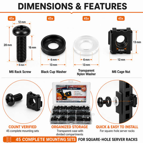 Complete 45 Sets M6 Rack Screws And Cage Nuts 180 Piece Pro Gear Server Rig Mounting Hardware Kit With Nylon And Quick Snap Black Cup Washers For Square Hole Rack Setup dimensions and features overview with screws and cage nuts.