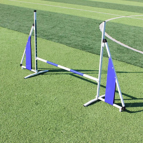 Adjustable Dog Agility Training Kit With Foldable Aluminum Obstacle Course in use outdoors, showing aluminum frame and crossbar