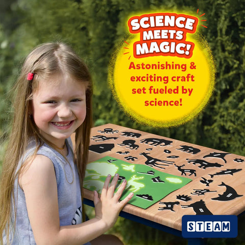Girl using Sun Paper Art Kit For Kids, STEM Craft Set With Sunlight Printing, Decorative Paper, Animal Stencils And Markers outdoors