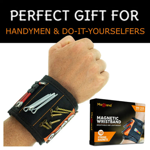 Magnetic Wristband For Holding Screws Nails And Drill Bits With 10 Strong Magnets shown on wrist with packaging