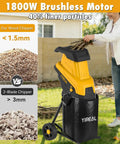 Person using upgraded 3-blade electric wood chipper with 15 amp motor for small branches, featuring upgraded chipper comparison chart.