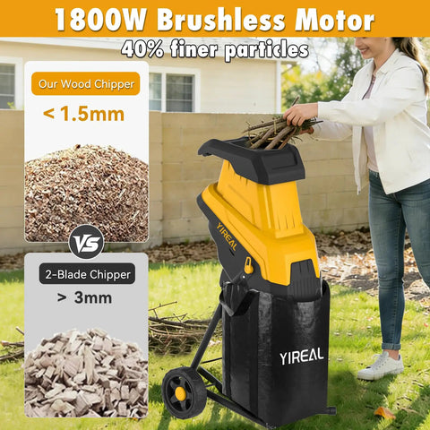 Person using upgraded 3-blade electric wood chipper with 15 amp motor for small branches, featuring upgraded chipper comparison chart.