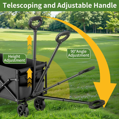 Heavy Duty Foldable Wagon Cart With All Terrain Wheels Telescoping Handle And Cup Holders 220 Lb Capacity Collapsible showing adjustable handle