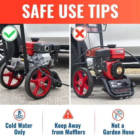 Pressure washer safety tips with images of correct and incorrect hose use, highlighting safe practices for operation.
