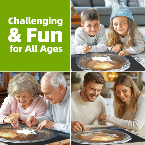 Glasses Free 3D Puzzle Experience For Adults With Dawn Cave Autostereoscopy And 1000 Piece Jigsaw Delivers Immersive Depth, Mind Blowing Colors, And No Glasses Needed depicted with people enjoying puzzle solving.