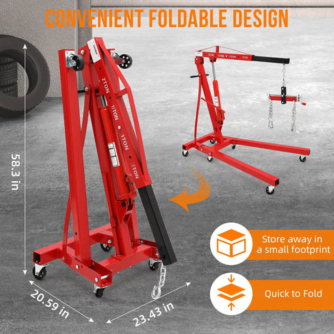 Hydraulic Engine Hoist And Cherry Picker Featuring 2 Ton 4000 Lb Capacity, foldable design with swivel casters for easy storage.