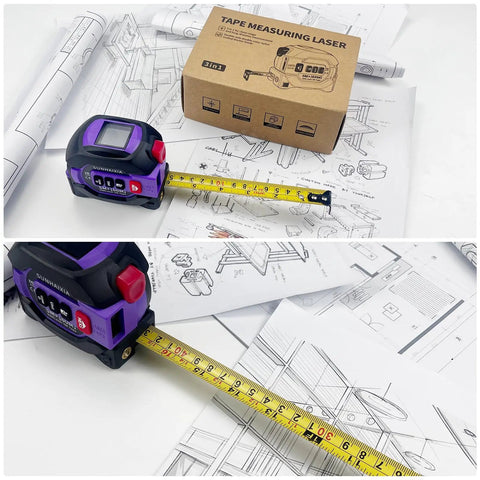 3 In 1 Laser Tape Measure With 197ft Long Range Laser, 16ft Manual Tape, AutoLock, Cross Line Laser Guidance, Unit Switch Ft In M, Measures Area Volume And Pythagorean Purple Finish on plans