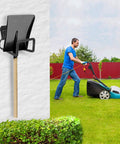 Heavy Duty Metal Garden Hose Holder Wall Mounted Outdoor Water Hose Reel Rust Proof Steel Hanger showing black steel design and wooden pole.