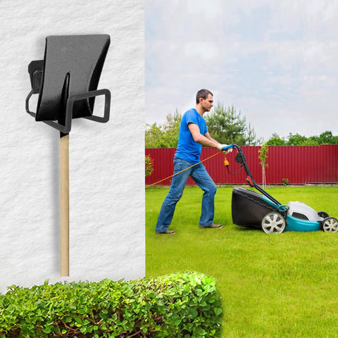 Heavy Duty Metal Garden Hose Holder Wall Mounted Outdoor Water Hose Reel Rust Proof Steel Hanger showing black steel design and wooden pole.