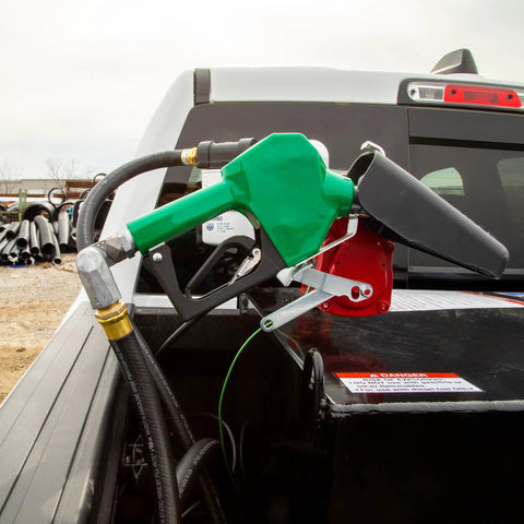 Automatic Fuel Transfer Nozzle 3/4 Inch Beefy Rugged Aluminum Build for Gasoline Diesel Biodiesel up to B20 E15, mounted on tank.