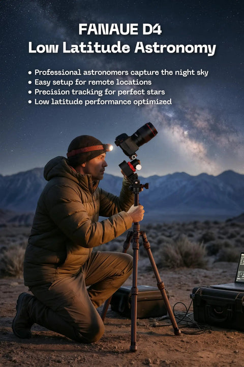 Astronomer using SkyGuider Pro Base Mount For Star Tracker Low Latitude Version in mountain landscape for astrophotography