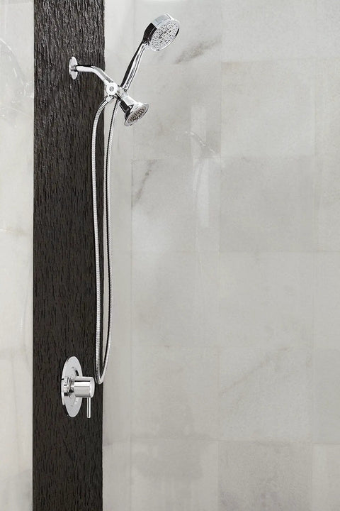 Pivoting Shower Arm Diverter With Hand Shower Cradle In Oil Rubbed Bronze mounted on tiled bathroom wall