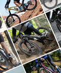 Collage of cyclists on varied terrain, showcasing Front And Rear Disc Brake Caliper Mount Adapter For 203mm Rear Rotors CNC Machined Aluminum Alloy.