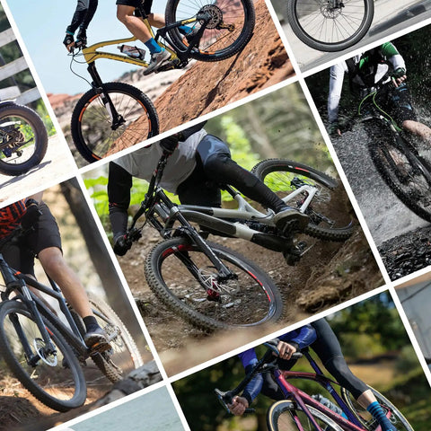 Collage of cyclists on varied terrain, showcasing Front And Rear Disc Brake Caliper Mount Adapter For 203mm Rear Rotors CNC Machined Aluminum Alloy.
