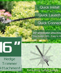 Versatile 16 Inch Hedge Trimmer Attachment with 270 Degree Rotation cutting hedges, features and dimensions highlighted.