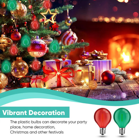Christmas tree with decorated 100 Pack G40 LED Globe Bulbs 1W Warm White 2700K For C7 And E12 Candelabra Bases, shatterproof outdoor string lights