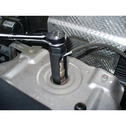 Heavy Duty Oxygen Sensor Socket With Cutaway Wire Clearance in action on an engine, built tough alloy steel for cars and trucks.