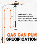 Battery Powered Gas Can Pump With Auto Shut Off dimensions and specifications, including hose length and intake size.