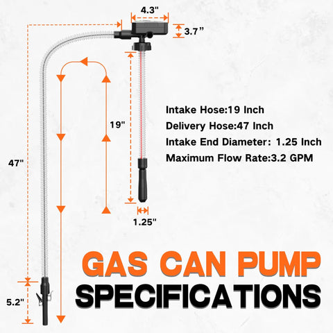 Battery Powered Gas Can Pump With Auto Shut Off dimensions and specifications, including hose length and intake size.