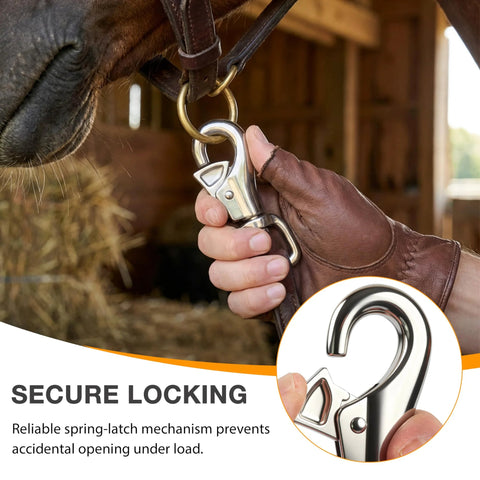 Two-pack heavy-duty bull snap hooks with eye bolts; silver marine snap clips used for securing gear.