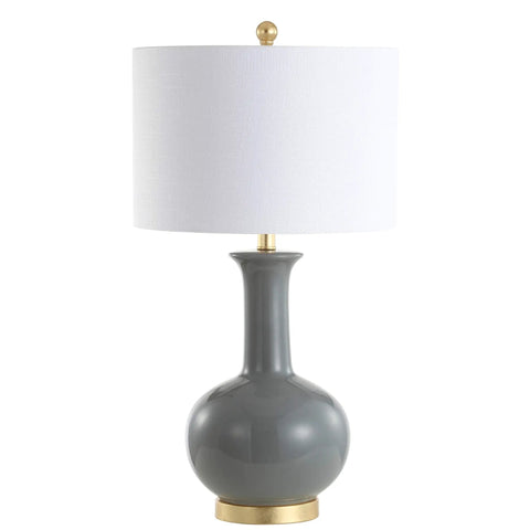 27 Inch Gray And Brass Ceramic Table Lamp For Living Room And Bedroom With White Linen Drum Shade Modern Transitional Nightstand Lamp LED