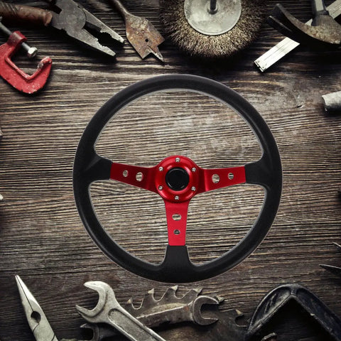 Deep Dish 14 Inch PU Racing Steering Wheel For Cars Golf Carts Trucks And Simulators With Red Horn Button on wooden surface