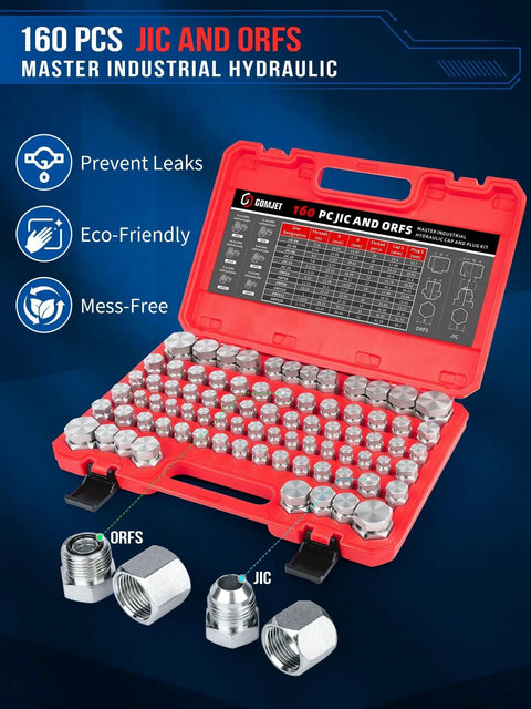 Pro Grade Hydraulic Cap And Plug Kit For JIC And ORFS Fittings 160 Piece Master Set with ORFS 37 Degree Threading Sizes 4-16