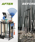 Built Tough Garden Tool Organizer Rack For Garage Or Shed Holds Up To Fifty Tools With Thirty Five Vertical Slots And Eleven Side Hooks Broom Holder And Multi Tier Steel Yard Storage For Patio And Outdoor Use, visually compared to unorganized tools.