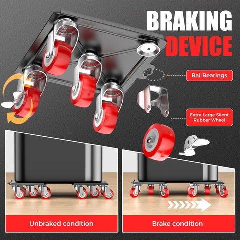 Heavy Duty Five Wheel Furniture Dollies Rocking 1500 Pound Capacity Industrial Carbon Steel Base with braking device and wheels.