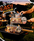 Rolling Grill Basket Two Pack Stainless Steel Grilling Basket With Removable Wooden Handle in use on a backyard BBQ