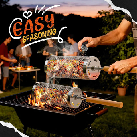 Rolling Grill Basket Two Pack Stainless Steel Grilling Basket With Removable Wooden Handle in use on a backyard BBQ
