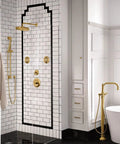 Elegant bathroom with gold fixtures, white tiles, and modern tub highlighting luxury shower design.