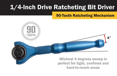 Compact One Quarter Inch Drive Swivel Head Micro Ratcheting Bit Driver With Ninety Tooth Mechanism in blue aluminum handle