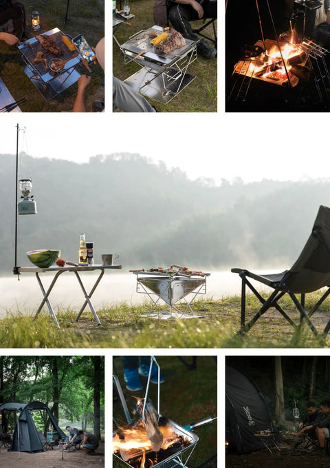 Three In One Flatpack Portable Fire Pit And Grill 16 Inch Heavy Duty Stainless Steel Wood Burning Camping Stove With Adjustable Height MT055 in use during camping