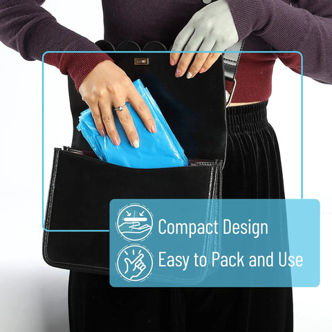Person placing Four Pack Disposable Rain Ponchos With Hood For Adults into a purse, highlighting compact design and portability.