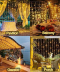 600 LED Solar Curtain Lights With Remote, Outdoor Fairy String Lights for Gazebo and Patio showcasing waterproof waterfall design