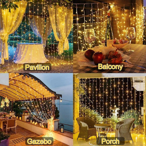 600 LED Solar Curtain Lights With Remote, Outdoor Fairy String Lights for Gazebo and Patio showcasing waterproof waterfall design