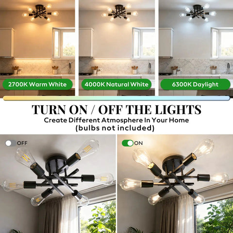 Six Arm Semi Flush Mount Ceiling Light Fixture Modern Black Sputnik Chandelier Lighting with adjustable brightness settings