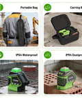 Self Leveling Laser Level With 60 Inch Tripod For Construction And Home Use, Green 360 Degree Horizontal Line And 140 Degree Vertical Line With Two Plumb Dots, Built Tough Workhorse Cross Line Tool For Precise Layout And Quick Alignment. Black carrying bag, waterproof laser level, dustproof on brick and concrete