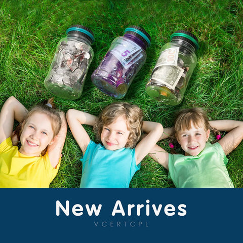 Three kids lying on grass with jars of money labeled new arrives