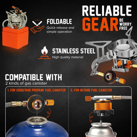 All-In-One Camping Cookware Set With Stove And Adapter, stainless steel foldable stove and canister compatibility visual