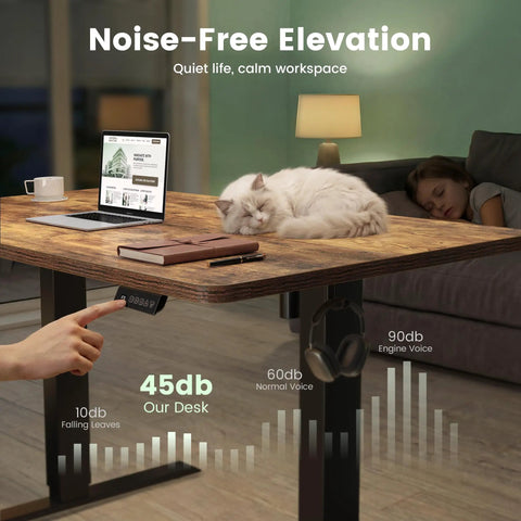 Rustic Brown 55 By 24 Inch Electric Standing Desk With Smooth Height Adjustment for sit stand use, cat and laptop on desk.